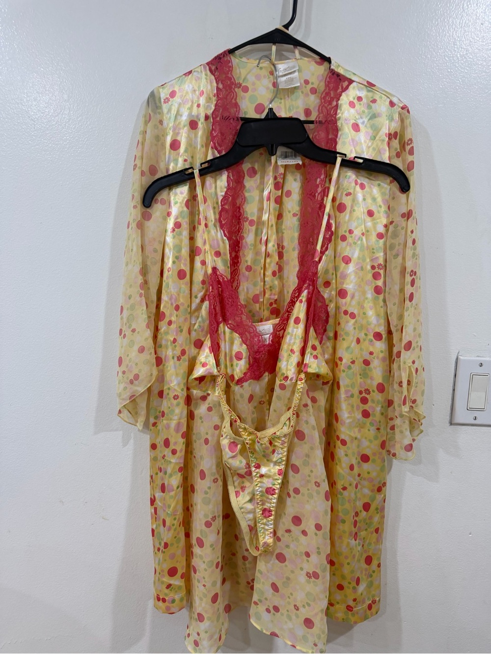 Secret Treasures Yellow Sheer Polka Dot Satin Robe with Pink Lace Slip